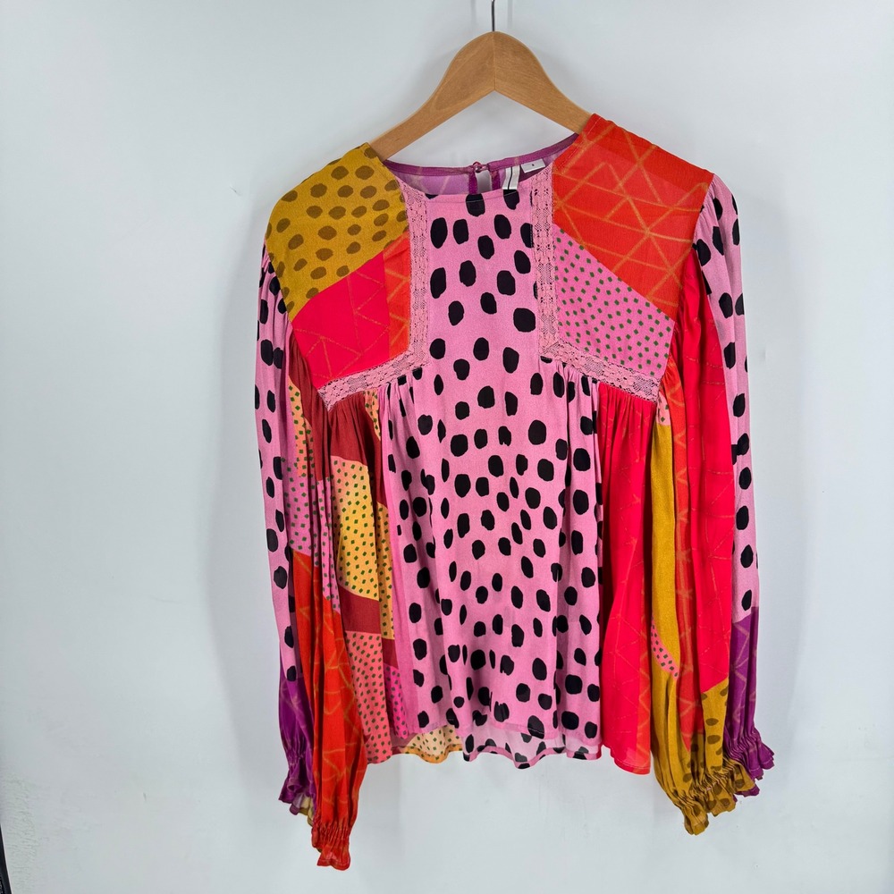 Anthrpologie Blank London Patchwork Blouse Multi-Color Small Polka Dot Boho